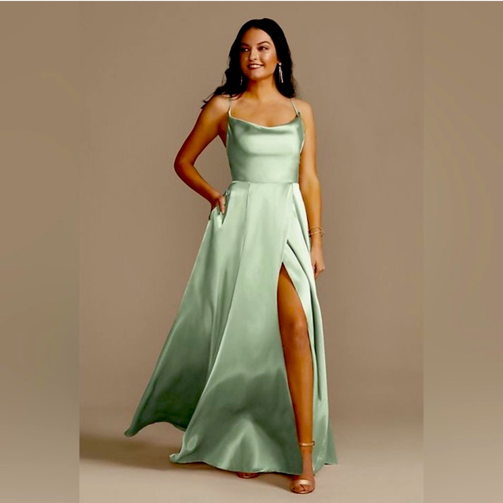 Galina Signature Long Cowl Satin Evening Gown